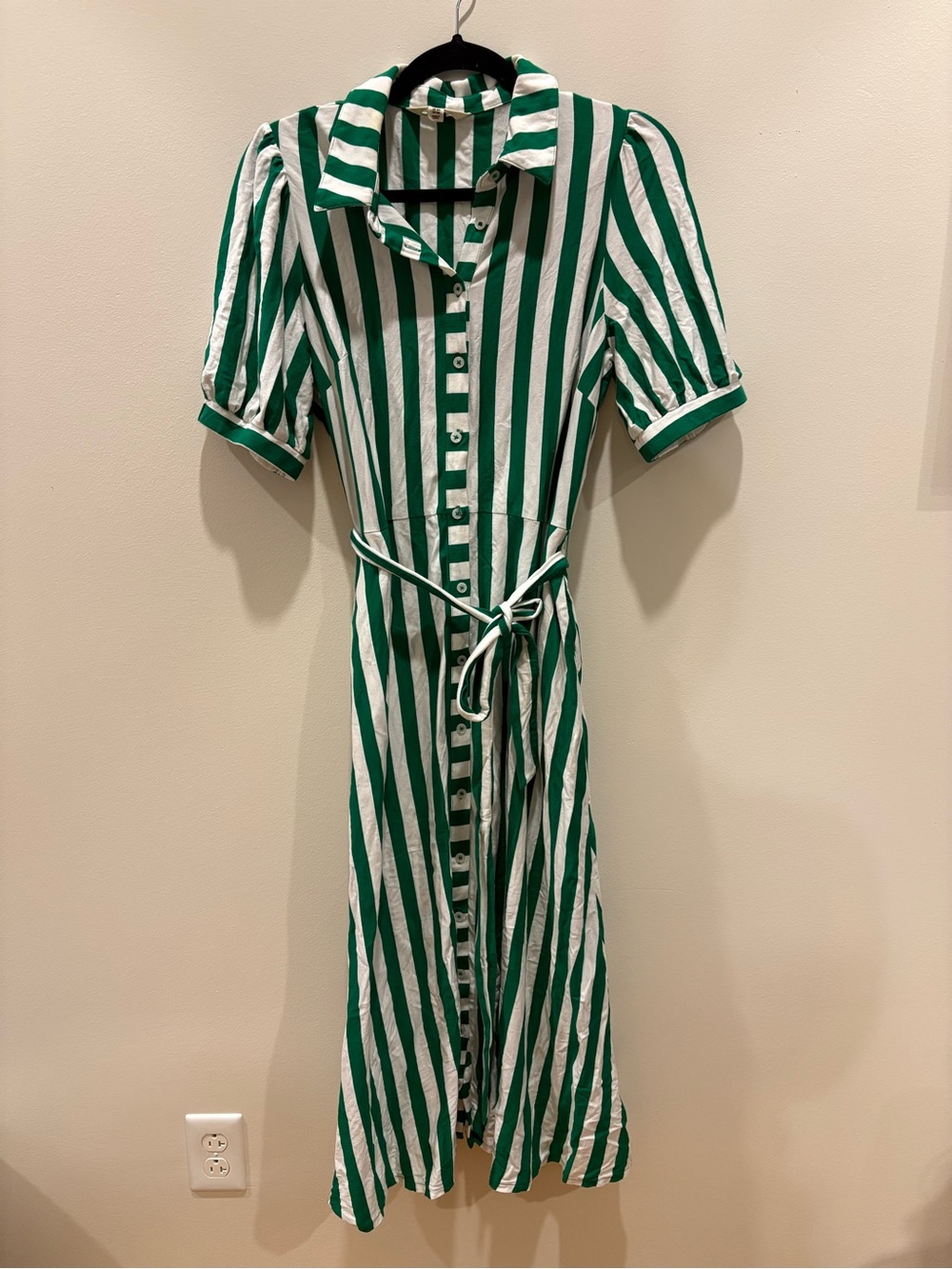 Boden Green and White Vertical-Stripe Midi Shirt Dress